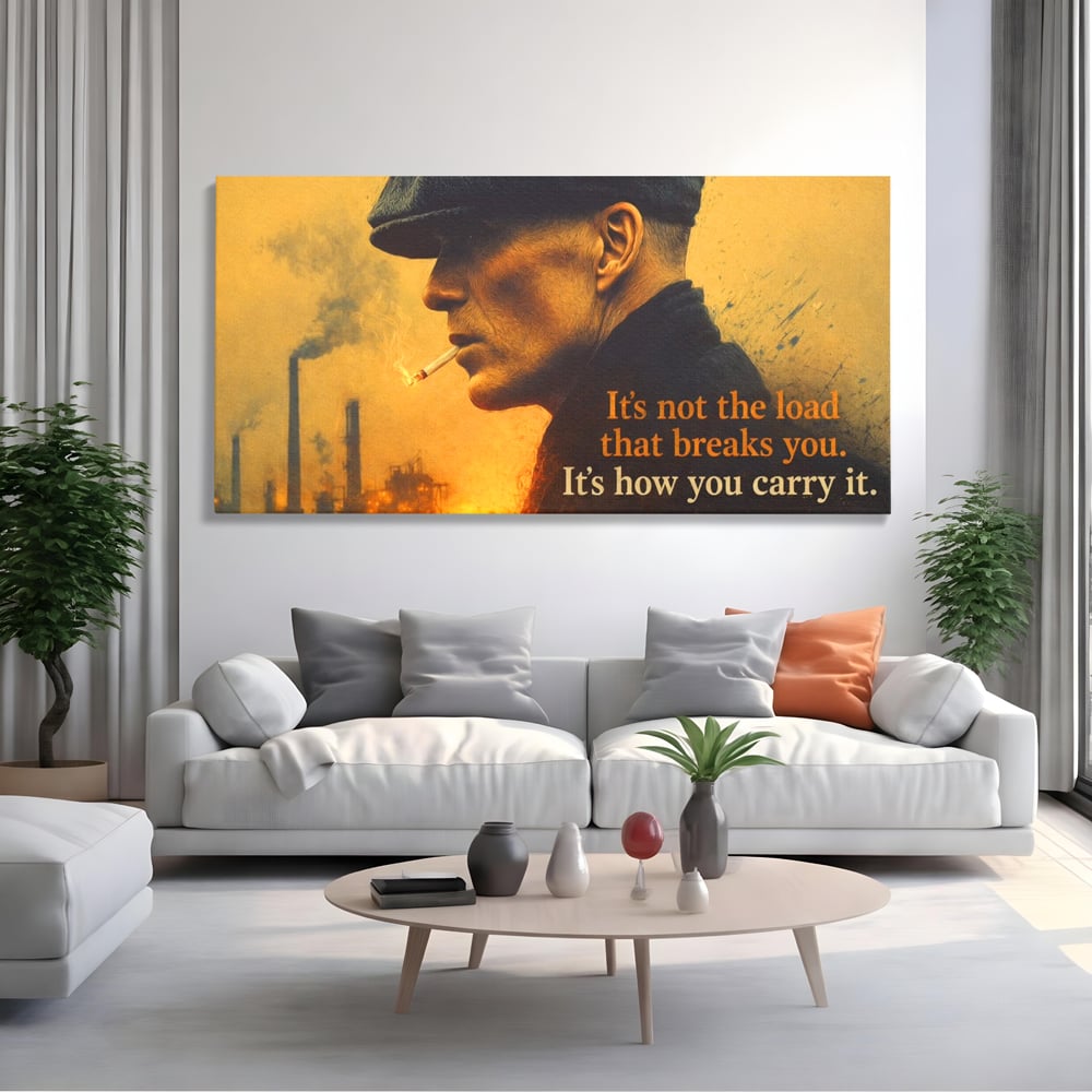 Tablou canvas cu tablou canvas cu personaj si mesaj motivational, fara rama, pe sasiu de lemn, pe perete intr-un living